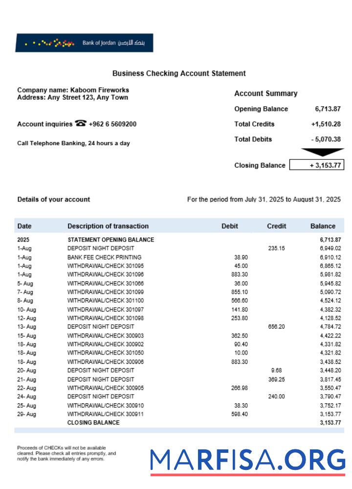 Realistic Bank of Jordan firm account statement Word and PDF template